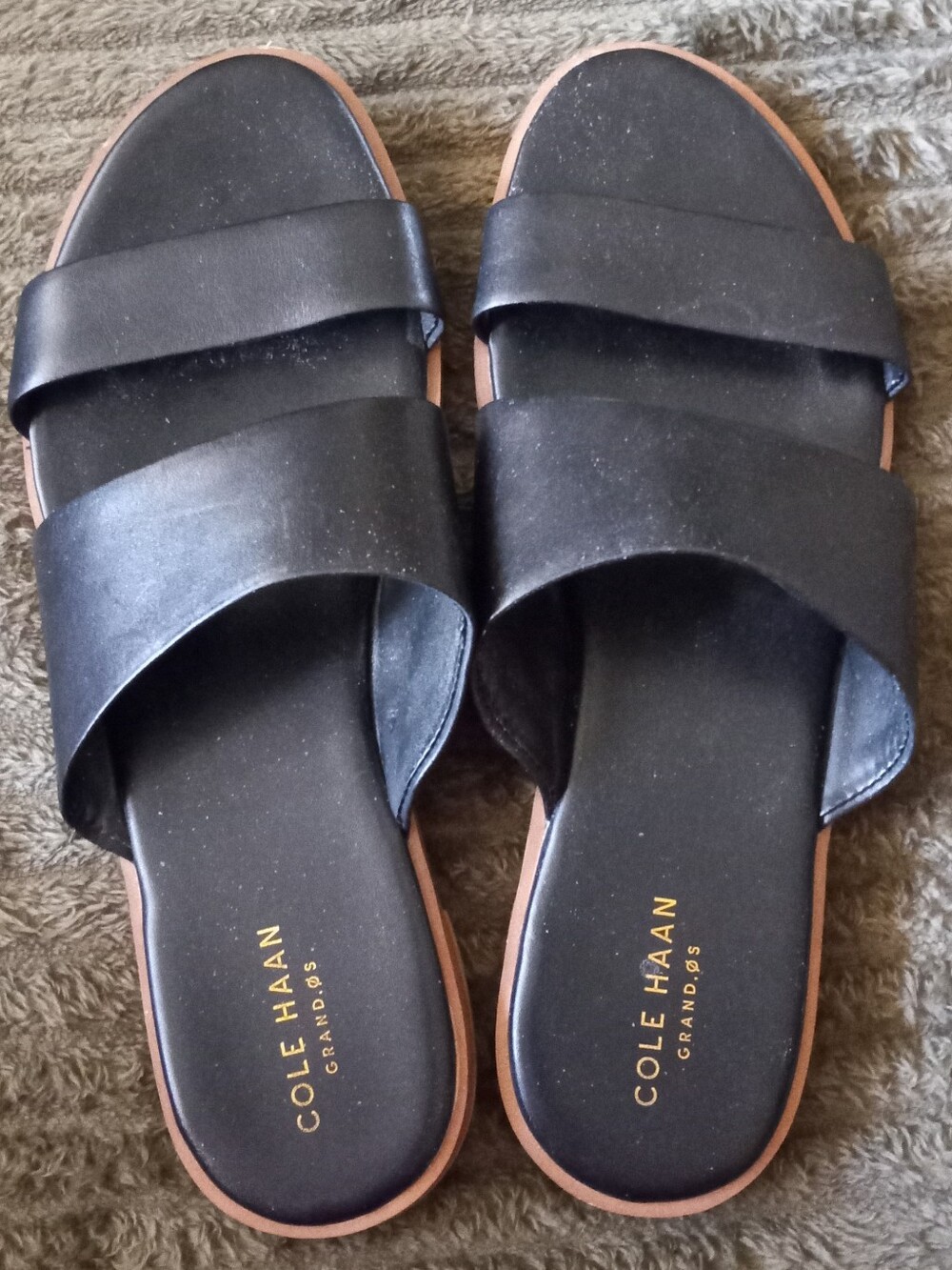 8M Cole Haan Black Leather Double-Strap Slide Flat Sandals